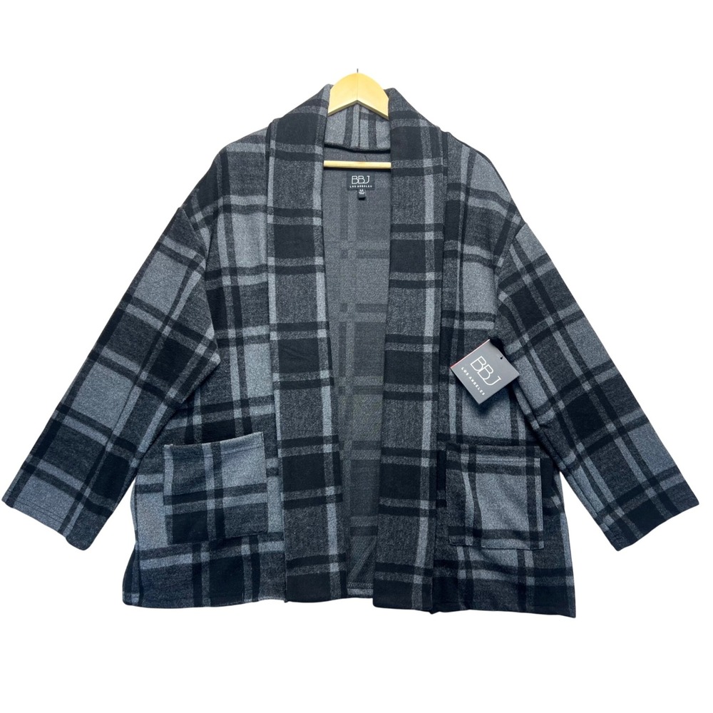 BBJ Los Angeles Womens Plaid Cardigan Open Front Charcoal Black Medium